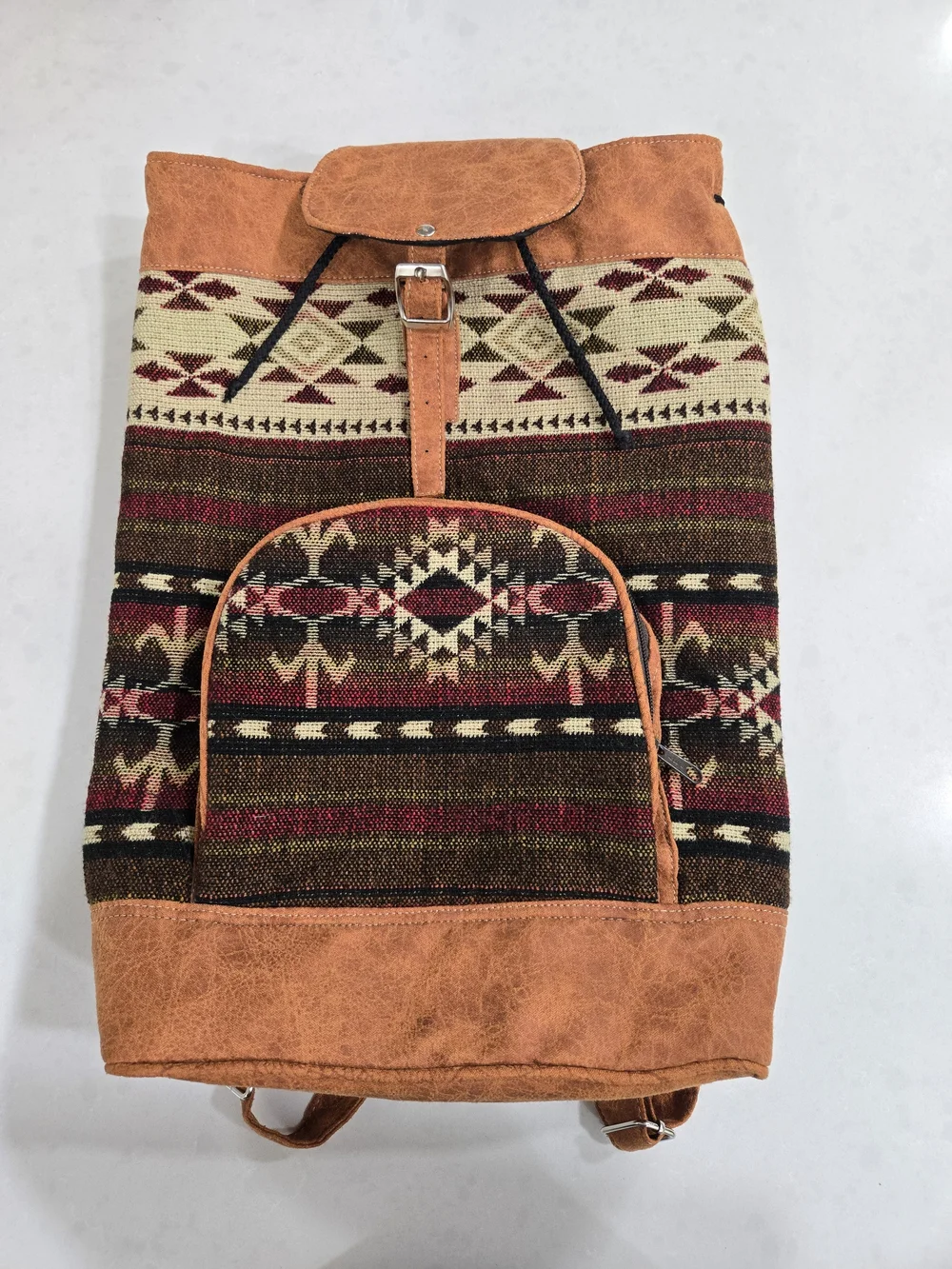 Boho Tribal Canvas Backpack with Tan Suede Trim